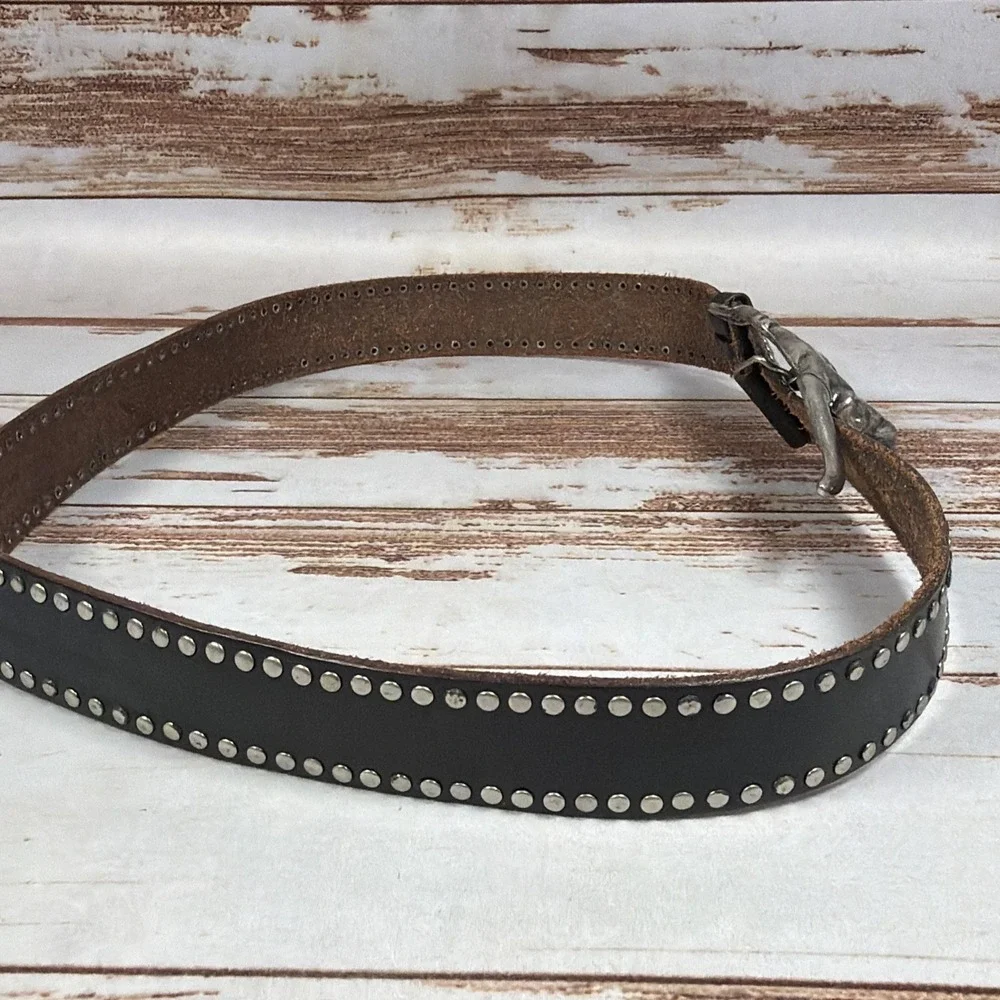 Forest & Culver Western Belt Size M Black Leather Bull Skull Studded Wide 2